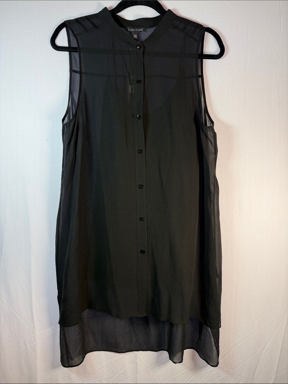 Eileen Fisher Black Sheer Button-Front Tunic/Mini Dress with under strap slip, L